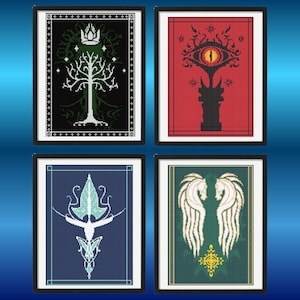 Può includere: Quattro opere d'arte a punto croce incorniciate. In alto a sinistra, un albero bianco con una corona su sfondo nero. In alto a destra, un occhio su sfondo rosso. I due in basso presentano disegni stilizzati su sfondi blu e verdi.