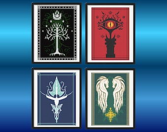 Flag Cross Stitch Pattern, Set of 4 Middle Earth Flag Cross Stitch Patterns, Instant Download