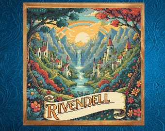 Wzór haftu krzyżykowego Rivendell. Krajobraz Śródziemia (wzór PDF), do pobrania natychmiast.