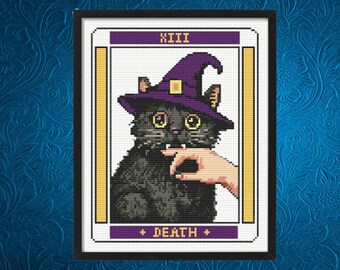 Funny Witchy Black Cat Tarot Card Cross Stitch Pattern, Spooky Halloween Cat,  Instant PDF Download