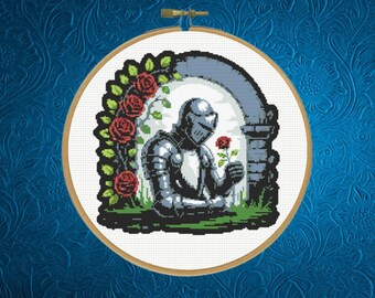Knight Cross Pattern , Medieval Knight Cross Stitch Pattern | Armored Warrior with Rose, instant PDF download