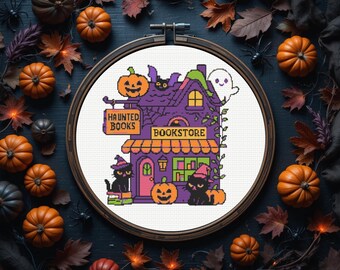 Haunted Library Cross Stitch Pattern,  Halloween Cross Stitch Patterns, Ghost Cross Stitch, Instant Download