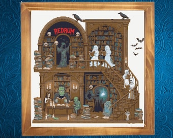 Haunted Library Halloween Cross Stitch Pattern, instant download
