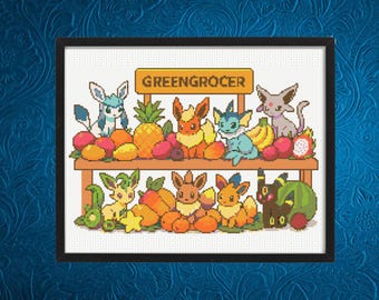 Eeveelutions Cross Stitch Pattern, Tropical Fruits Cross Stitch Pattern, Pokemon,Book Lover,  PDFInstant Download