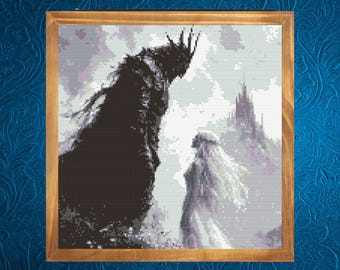 Patrón de cruz medieval, patrón de punto de cruz de la Reina y el Caballero Oscuro, descarga instantánea en PDF Patrón de punto de cruz