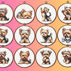Könnte beinhalten: Zwölf runde Stickrahmen mit Bildern von Yorkshire Terriern in verschiedenen Posen. Die Hunde sind im Cartoon-Stil mit braunem, schwarzem und weißem Fell dargestellt.