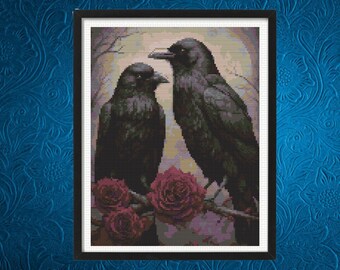 Raven Cross Stitch Pattern, Red Roses Cross Stitch Pattern, Gothic Cross Stitch Pattern, Instant Download