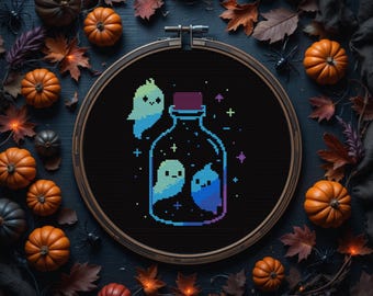Lovely Ghosts Cross Stitch Pattern, Cute Neon Ghosts, Halloween Cross Stitch,Instant Download