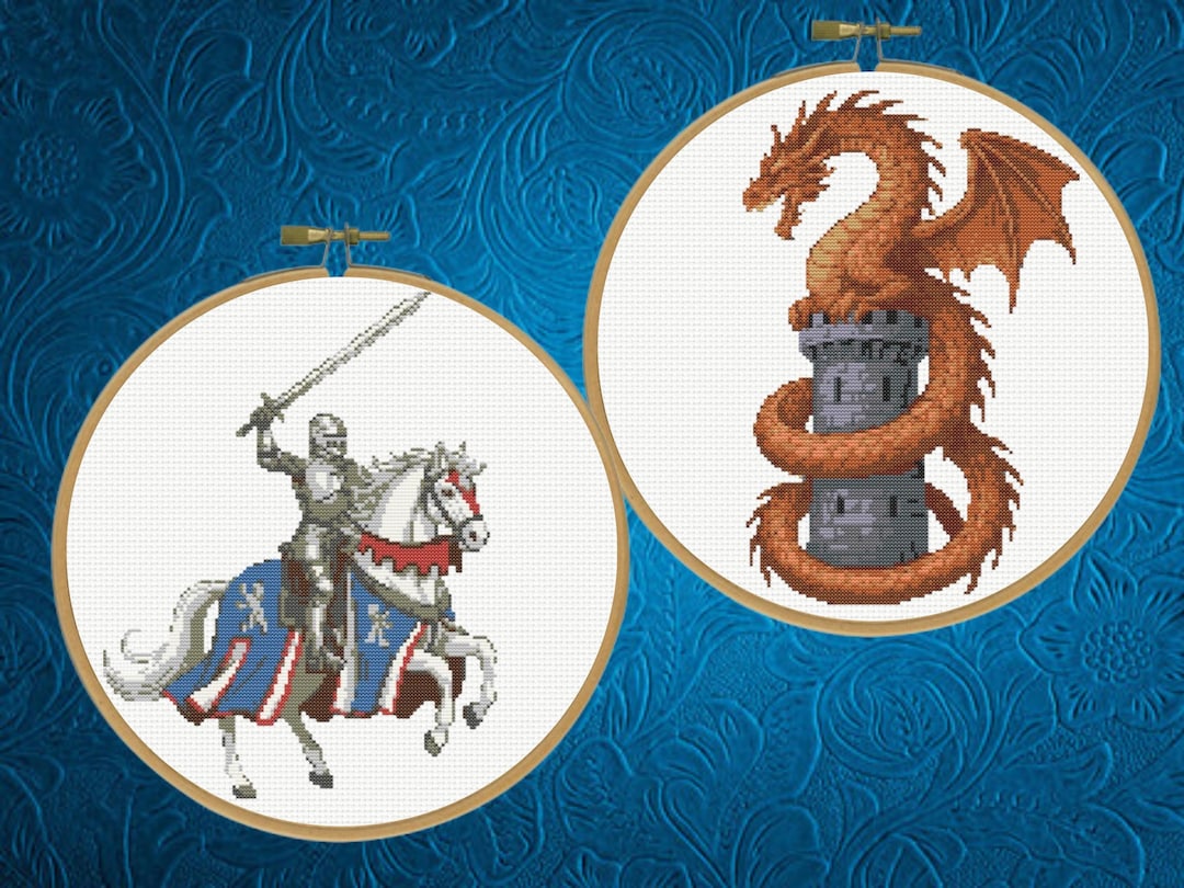 Medieval Cross Pattern , Dragon and Knight Cross Stitch Pattern, Set of ...