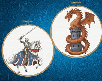 Medieval Cross Pattern , Dragon and Knight Cross Stitch Pattern,  Set of 2 Cross Stitch Pattern, instant PDF download