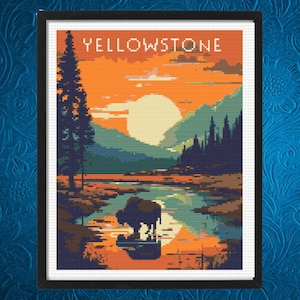 May include: A cross-stitch pattern of a sunset landscape with a silhouette of a bison in the foreground. The text "YELLOWSTONE" is at the top of the image.
