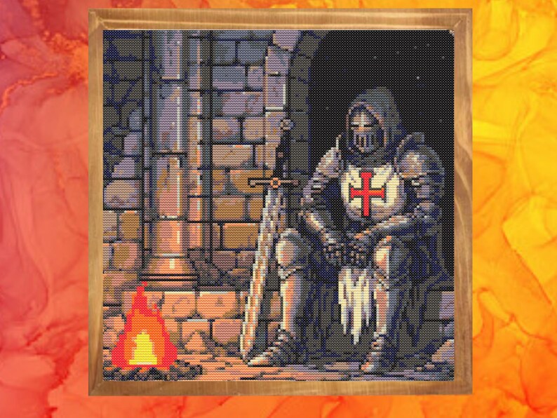 Puede incluir: Imagen en pixel art enmarcada de un caballero con armadura completa, sentado con una espada. El caballero tiene una cruz roja en el pecho. Un peque&ntilde;o fuego arde en primer plano, con una pared de piedra y un arco en el fondo.