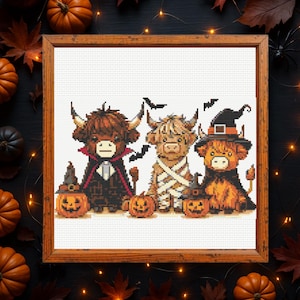 Highland Cow Cross Stitch Pattern, Halloween Cows Cross Stitch Pattern, Instant PDF Download image 1