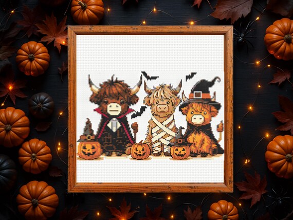 Highland Cow Cross Stitch Pattern,  Halloween Cows Cross Stitch Pattern, Instant PDF Download