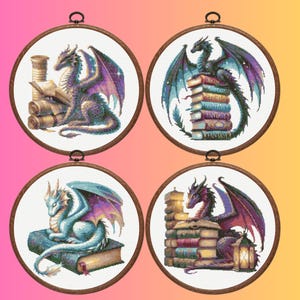 Dragon Cross Stitch Pattern,  Set of 4 Dragon and Book Lover Cross Stitch Pattern, Instant Download
