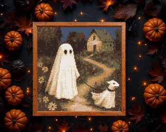 Patrón de punto de cruz de fantasma y perro, patrón de punto de cruz de Halloween, descarga instantánea