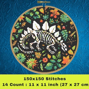 Dinosaur Skeleton Cross Stitch Pattern, Stegosaurus Skeleton Cross Stitch Pattern,  Floral Skeleton Cross Stitcn Pattern, Instant Download