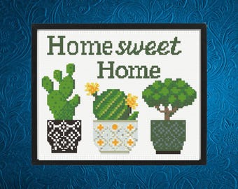 Home Sweet Home Cross Stitch Pattern, Cactus Cross Stitch Pattern,  Instant Download