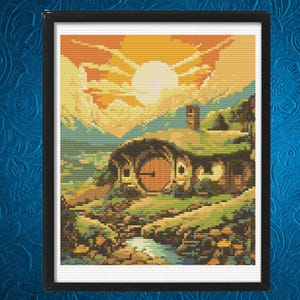 Wzór haftu krzyżykowego Shire, haft krzyżykowy Fantasy Village, natychmiastowe pobranie