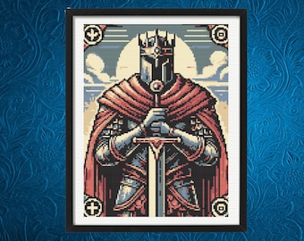 Patrón de Cruz de Caballero, Patrón de Punto de Cruz de Caballero Medieval / Guerrero con Armadura, Espada y Escudo, descarga instantánea en PDF