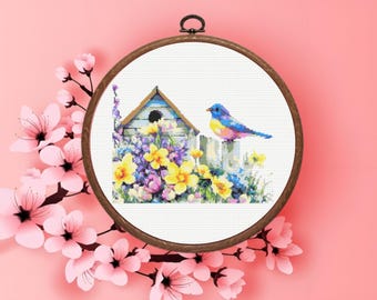Floral Bird Cross Stitch Pattern, Flower and Garden Cross stitch pattern, Instant Download