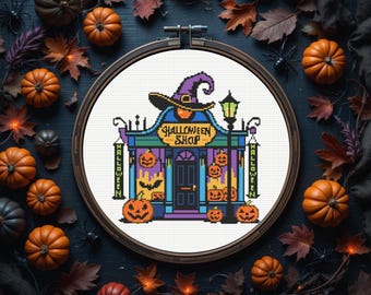 Halloween Shop Korsstygnsmönster, Pumpa Korsstygnsmönster, Halloween Korsstygnsmönster, Direkt Nedladdning