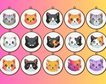 Cat Cross Stitch Pattern, Set of 15 Cute Cat Cross Stitch Pattern, Instant Download