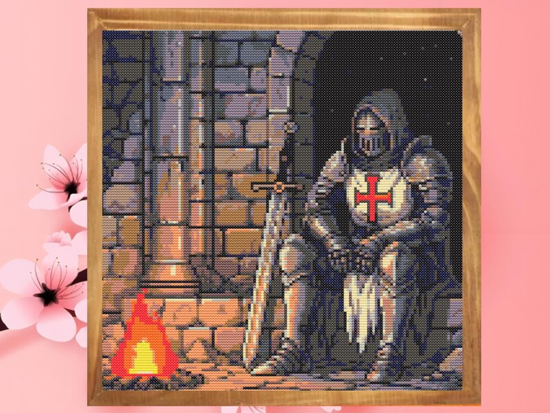 Puede incluir: Imagen en pixel art enmarcada que representa a un caballero con armadura completa, apoyado contra una pared de piedra. El caballero tiene una cruz roja en el pecho. Una espada se apoya en la pared y una peque&ntilde;a hoguera arde en primer plano. La obra est&aacute; ambientada en un interior poco iluminado.