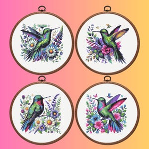 Hummingbird Cross Stitch Pattern, Set of 4 Bird Cross Stitch Pattern, Floral Bird Cross Stitch Pattern, Instant Download