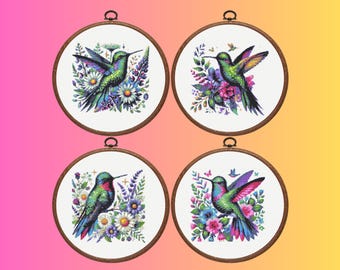 Hummingbird Cross Stitch Pattern, Set of 4 Bird Cross Stitch Pattern, Floral Bird Cross Stitch Pattern, Instant Download