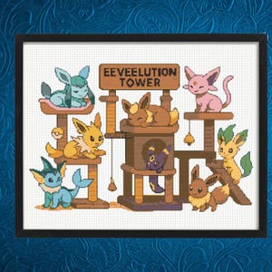 Puede incluir: Un bordado en punto de cruz enmarcado con arte de píxeles de varias criaturas de la evolución de Eevee descansando en un árbol para gatos de varios niveles. Un letrero de madera en la parte superior dice EEVEE LUTION TOWER. Incluye tonos azules, rosas, amarillos y marrones.