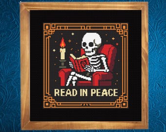 Read in Peace Cross Stitch Pattern , Skeleton Cross Stitch Pattern, Book Lover Cross Stitch Pattern, ,Instant Download