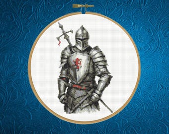 Patrón de cruz de caballero, patrón de punto de cruz de caballero medieval / Guerrero con armadura, espada y escudo, descarga instantánea en PDF