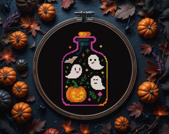 Halloween Ghosts Cross Stitch Pattern, Ghosts in Neon Bottle, Halloween Cross Stitch,Instant Download