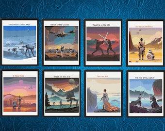 May include: A set of eight framed pixel art prints depicting Star Wars movie scenes, including The Empire Strikes Back, Attack of the Clones, Revenge of the Sith, The Force Awakens, A New Hope, Return of the Jedi, The Last Jedi, and The Rise of Skywalker.