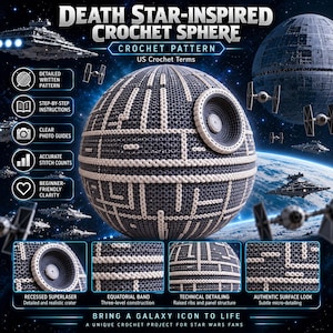 May include: A crochet pattern for a dark gray and white sphere featuring a recessed circular crater, an equatorial band, and raised panel detailing. The text includes Death Star-Inspired Crochet Sphere, Crochet Pattern, and US Crochet Terms.