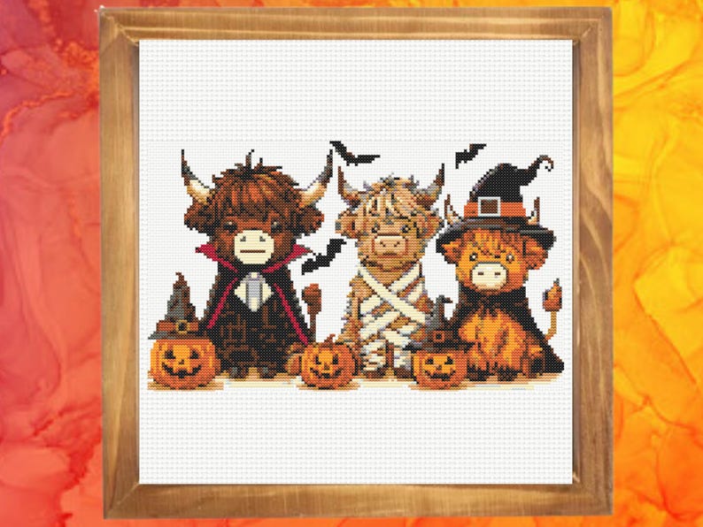 Highland Cow Cross Stitch Pattern, Halloween Cows Cross Stitch Pattern, Instant PDF Download image 6