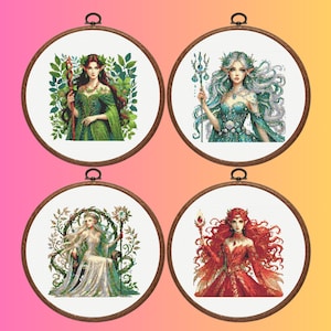 Elves Cross Stitch Pattern, Set of 4 Fantasy Girl Cross Stitch Pattern, Instant Download