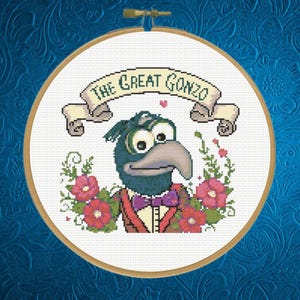 Może przedstawiać: Haft krzyżykowy z Gonzo z Muppetów. Projekt zawiera twarz Gonzo, baner z napisem "The Great Gonzo" i kwiatowe akcenty. Paleta kolorów obejmuje niebieski, czerwony i beżowy.