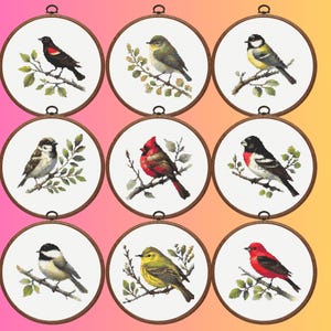 May include: Nine circular wooden embroidery hoops containing cross-stitch patterns of various birds perched on branches. Each hoop features a different bird species, including a red-winged blackbird, a cardinal, and other colorful songbirds.