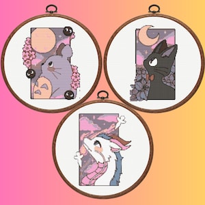 Anime Cross Stitch Pattern, Set of 3 Anime Cross Stitch Patterns, Totoro, Jiji, Haku Cross Stitch Pattern,  Instant Download