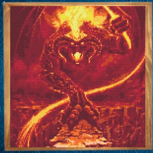 May include: A framed cross-stitch depicting a fiery demon with a menacing expression. The artwork features shades of red, orange, and yellow, creating a dramatic and intense visual. The demon is set against a dark background, enhancing the fiery effect.
