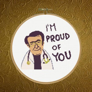 Puede incluir: Arte de punto de cruz en un aro de madera redondo. El diseño presenta un médico de dibujos animados con gafas y un estetoscopio, y el texto "I'M PROUD OF YOU" en letras negras. El fondo es blanco.