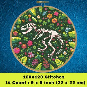 Dinosaur Skeleton Cross Stitch Pattern, T-Rex Cross Stitch Pattern,  Floral Skeleton Cross Stitcn Pattern, Instant Download