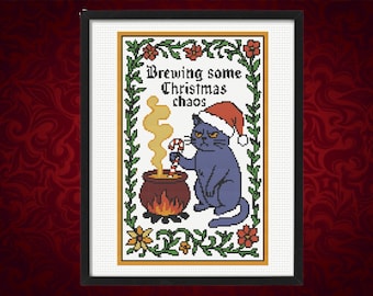 Medieval Cross Pattern , Medieval Christmas Cat Cross Stitch Pattern,  Witchy Cross Stitch Pattern, instant pdf download