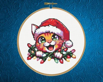 Christmas Cat Cross Stitch Pattern, Santa Cat Cross stitch pattern, Instant Download