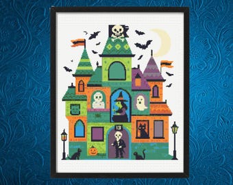 Kreuzstichmuster Spukhaus, Gruselhaus, Halloween-Kreuzstich, Sofort-Download