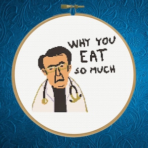 May include: A circular wooden embroidery hoop containing a cross-stitch pattern of a doctor wearing a white coat, black shirt, and stethoscope. The text "WHY YOU EAT SO MUCH" is stitched in black block letters to the right of the doctor's head.