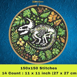 Dinosaur Skeleton Cross Stitch Pattern, Ankylosaur Skeleton Cross Stitch Pattern,  Floral Skeleton Cross Stitcn Pattern, Instant Download