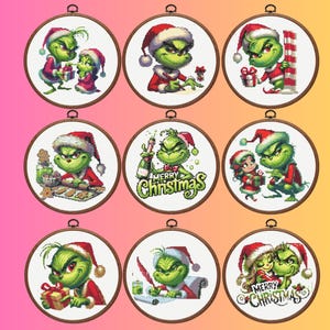 May include: Nine round cross-stitch designs featuring the Grinch in various Christmas scenes. The Grinch is depicted in a Santa hat and red coat, interacting with other characters and holding gifts. The words "Merry Christmas" are included in some designs.